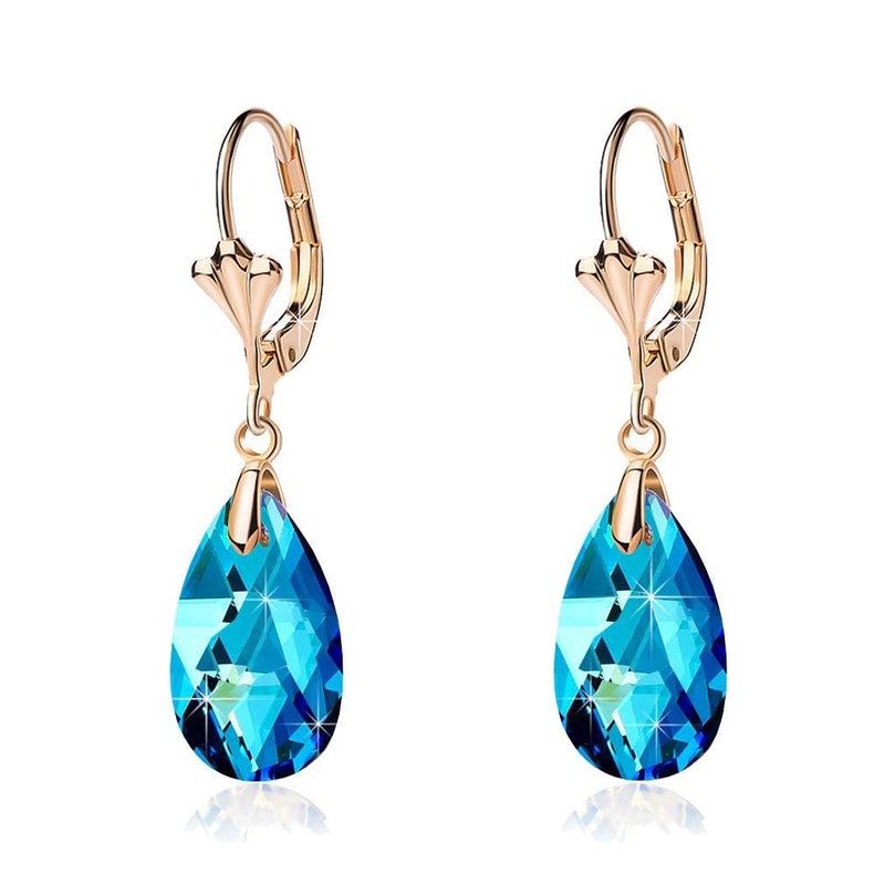 EVEVIC Austrian Crystal Teardrop Leverback Dangle Earrings for Women Fashion 14K Gold Plated Hypoallergenic Jewelry (Bermuda Blue) - Image 1